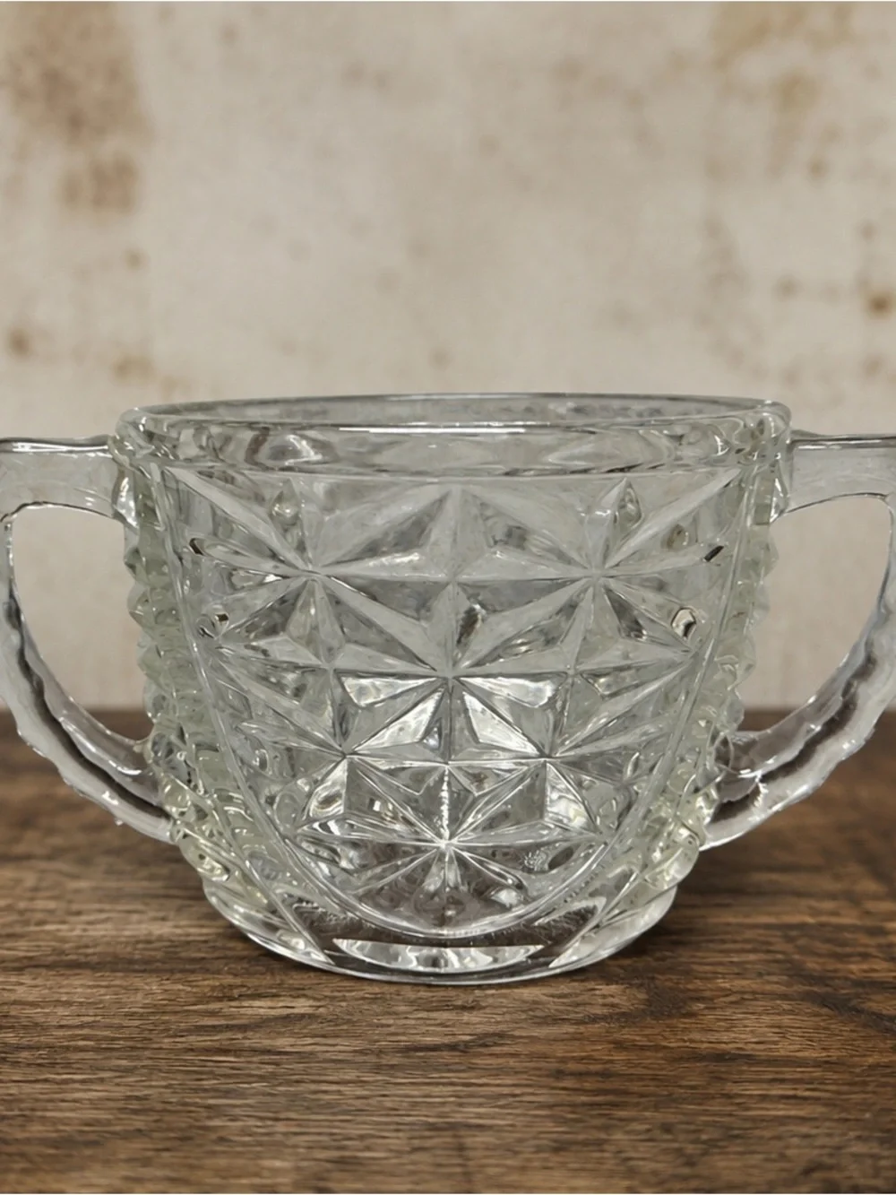 Vintage Pressed Glass Double Handled Open Sugar Bowl Daisy & Star Pattern EAPG
